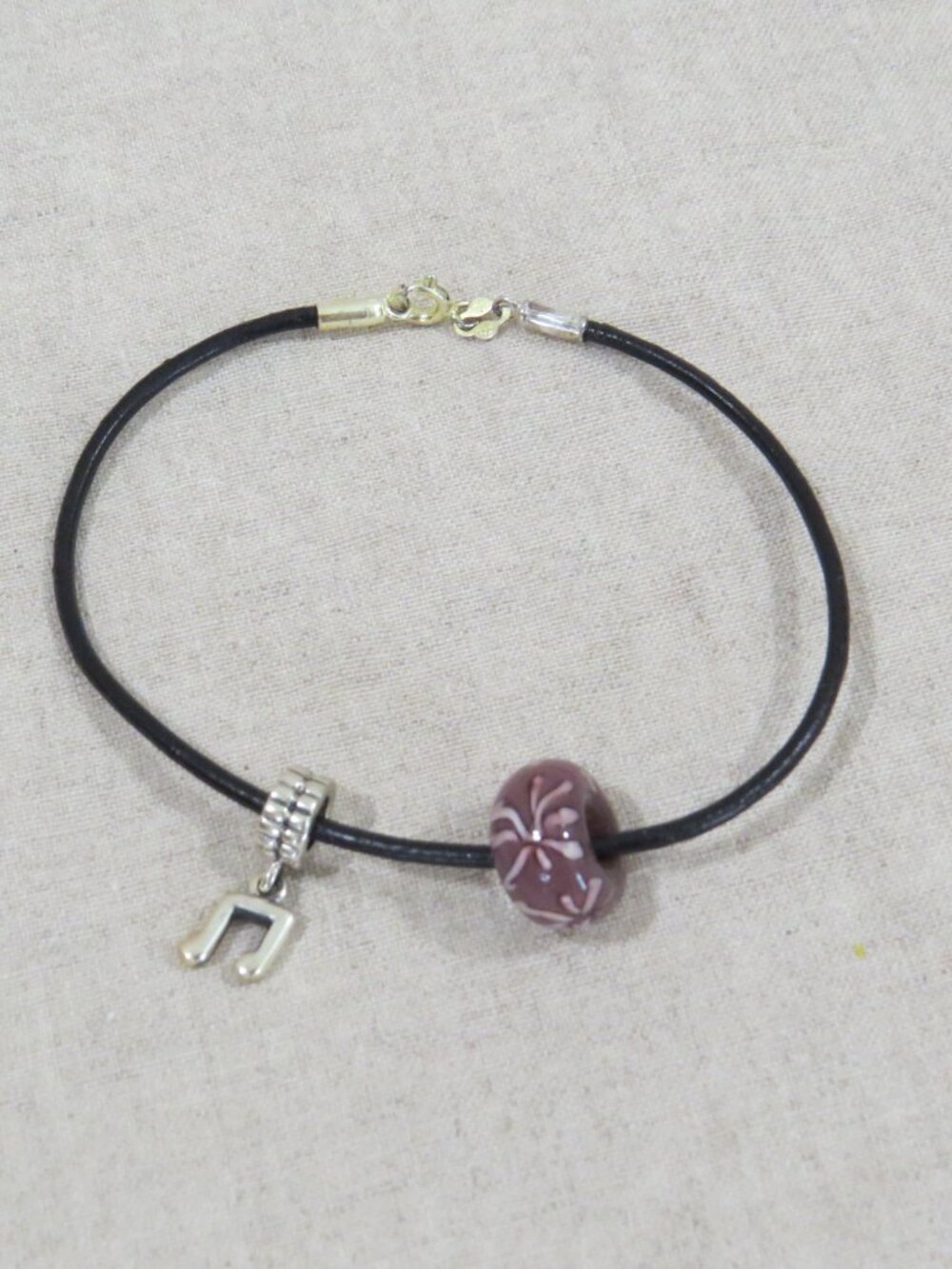 925 Sterling Silver Music Note Charm, Glass Bead, Leather Cord Bracelet